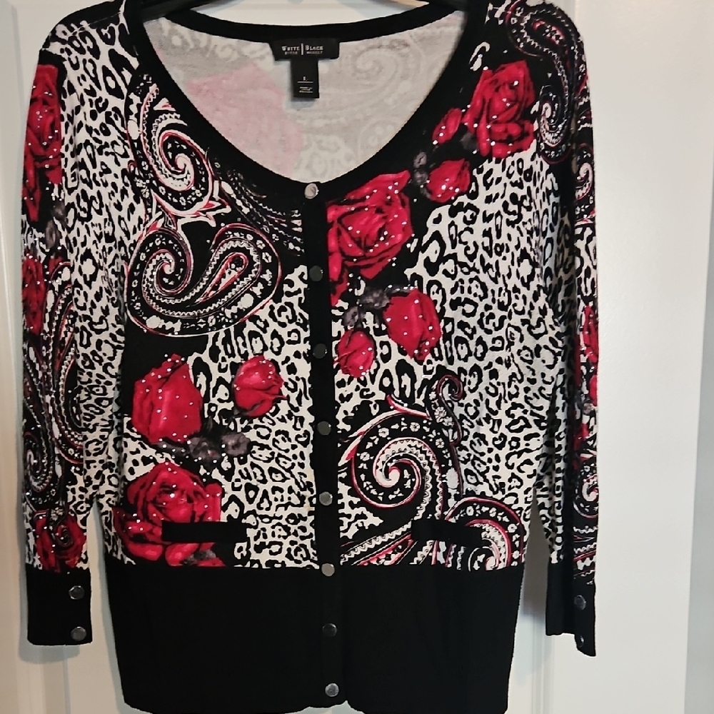 White House Black Market Black and Red Floral Cardigan